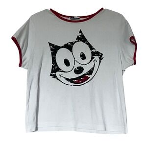 Vintage Felix the Cat Ringer Tee Womens White Red Graphic Cartoon Sz L